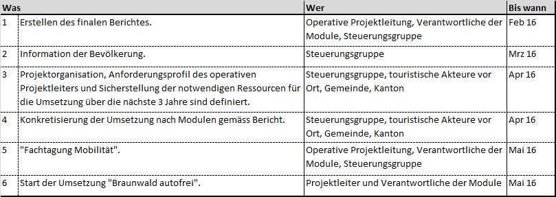 Umsetzung Nächste Schritte - Aktionsplan Projektorganisation für die Umsetzung Die Projektorganisation für die Umsetzung von Braunwald autofrei orientiert sich an den Modulen A bis C (vergleiche
