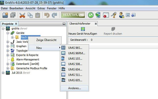 Gerät in die Software GridVis einfügen Öffnen Sie die Software GridVis und laden oder erstellen Sie ein Projekt.