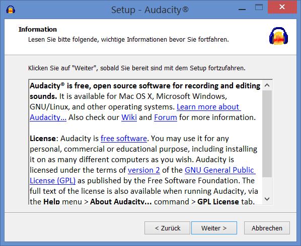 Abbildung 2 Schritt 3: Einige Informationen über Audacity werden nun angezeigt (Abbildung 3). Klicken Sie bitte wieder auf Weiter.