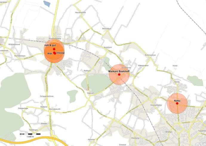 Karte 5: Abdeckung der Wohngebiete durch Lebensmittelmärkte in Bookholzberg,