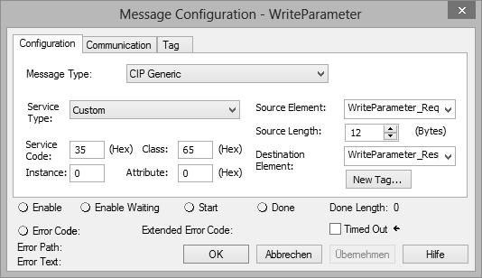 Projektierung EtherNet/IP Projektierungsbeispiele 8 4. Klicken Sie im Baustein MSG auf die Schaltfläche. ð Das Fenster "Message Configuration Write Parameter" wird angezeigt.