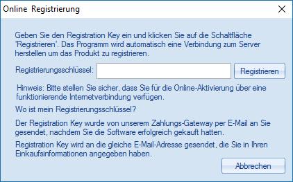 3. Geben Sie im Registrierung sfenster den Registrierungsschlüssel ein und klicken Sie auf die Schaltfläche Registrieren (bitte stellen Sie sicher, dass Sie eine aktive Internetverbindung haben). 4.