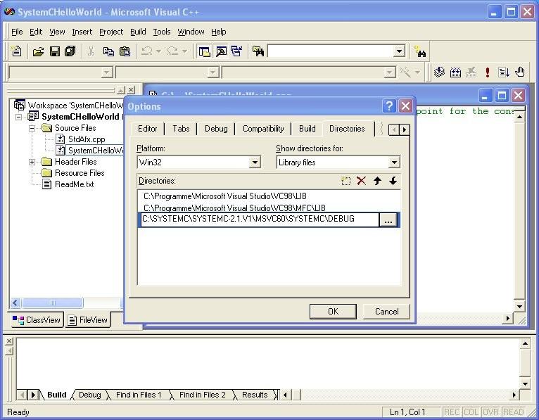 SystemC 1. Projekt unter Windows (7) Update der Include und Bibliotheksverzeichnisse: 1. Directories 2. 1. 3. 3. Show Directories for: Library files 6.