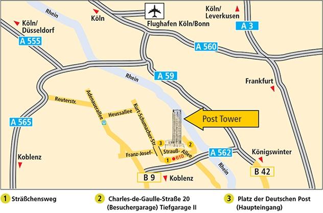 Vom Hbf Bonn Bus-Linien 610, 611 bis Haltestelle "Post Tower (Dauer 10 min.