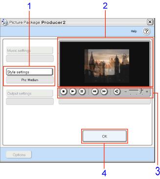 Schritt 4: Erstellen des Kurzvideofilms bzw. der Diaschau 1 Stileinstellungen Hiermit öffnen Sie das Fenster Stileinstellungen, in dem Sie einen anderen Stil auswählen können.
