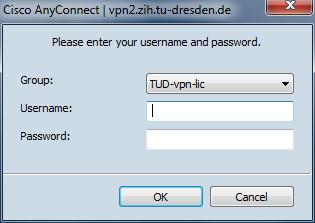 Anschließend öffnet sich ein neues Fenster in welchem Sie bei Group TUD-vpn-lic wählen und bei Username