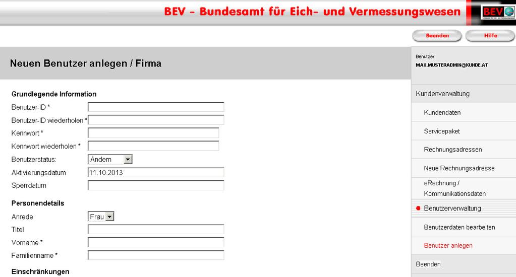 8. Benutzer anlegen 3. Als erstes ist im Block Grundlegende Informationen (rotes Rechteck), die Benutzer-ID (E-Mail-Adresse) des neuen Benutzers im Feld Benutzer-ID einzugeben. 4.