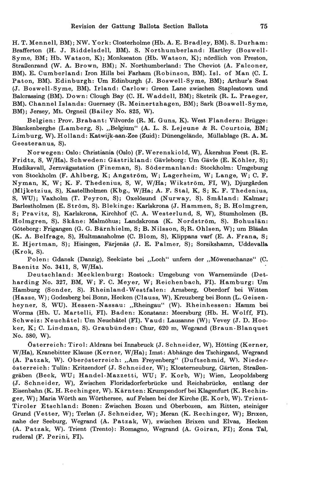 Revision der Gattung Ballota Section Ballota 75 H. T. Mennell, BM); NW. York: Closterholme (Hb. A. E. Bradley, BM). S. Durham: Brafferton (H. J. Riddelsdell, BM). S. Northumberland: Hartley (Boswell- Syme, BM; Hb.