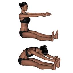 Die Rückenlänge, Bauch- und Beckenbodenstabilität halten, Ausatmen=zurück in die Ausgangsposition.