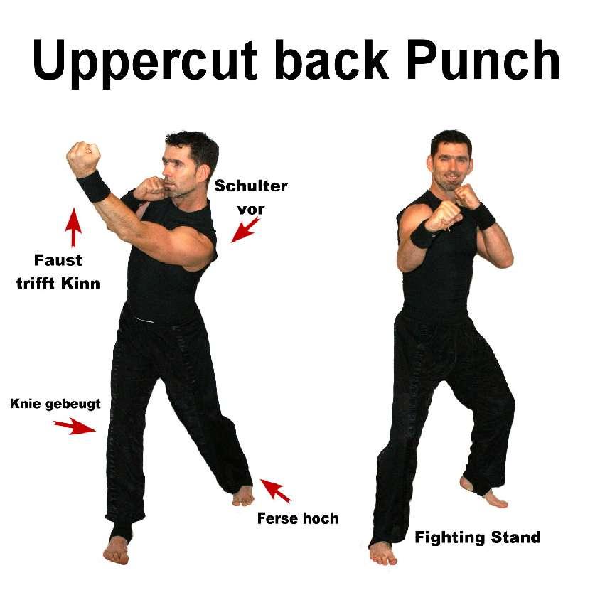 Ausgangsstellung: Fighting Stance - Hüfte dreht ein - hintere Knie nach innen und gebeugt (Kickschutz).