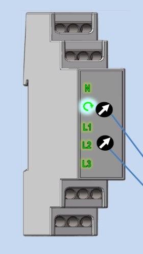 Optische Anzeigen LED - POWER grün N-Leiter fehlt rot - Drehfeld grün/gelb - Phase L1 grün/rot - Phase L2 grün/rot - Phase L3 grün/rot Drehschalter Schaltpunkt der Überspannung Schaltpunkt der