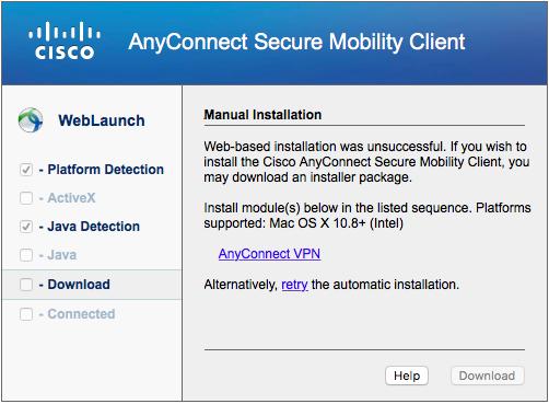 6 MAC OS X Cisco AnyConnect installieren Öffnen Sie die Adresse https://vpn.wu.ac.at in einem Browserfenster. Wählen Sie Ihre VPN-Benutzergruppe aus, beispielsweise: Student (h+matrikelnr.