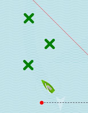 Es werden sogenannte Treibbojen (kleine Kreuze X,X,X) gesetzt und an beliebigen Stellen mit "linke- Maustaste- drag&drop" positioniert. Für jedes Boot können individuell Treibbojen gesetzt werden.
