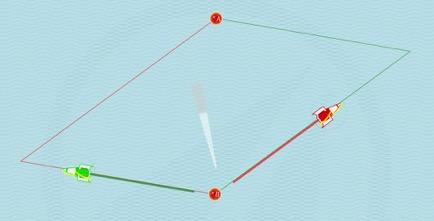 Die Übung "Feldtaktik bei Gegenwind" zeigt ebenfalls die Linien zwischen dem Boot und der Luvboje.
