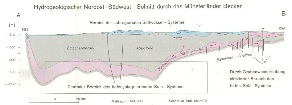 Beispiel Geosystem ( zentrales Münsterland) Besonderheiten - mächtiger Grundwassergeringleiter (Emscher Mergel) - Grund- und Mineralwasservorkommen im Emscher Mergel - Tiefes, quasistationäres
