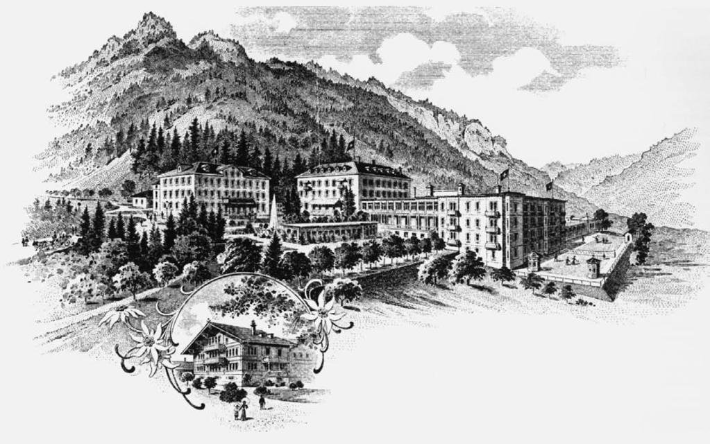 Der Stich des Bades Stachelberg zeigt den Endausbau der Anlage um 1905 mit Parkanlage und Tennisplatz.
