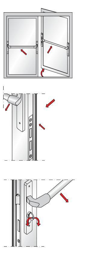 Seite 9 von 13 Geh- und Standflügelverriegelung über Panikstangengriff (Paniktürverschluss) Über Panikstangen können verriegelte Türen im Gefahrenfall geöffnet werden.