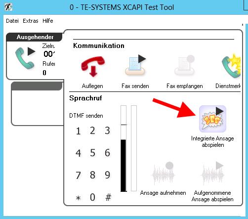 Nachdem Sie das Gespräch an Ihrem Handy angenommen haben, starten Sie in dem XCAPI Test Tool "Integrierte Ansage Abspielen". Sie müssen die Testansage am Handy hören.