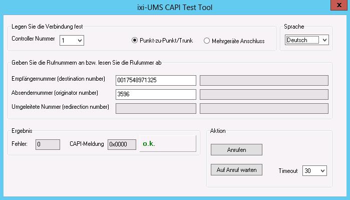 Testen der Remote-Capi Damit Sie die Funktionsfähigkeit der Verbindung überprüfen können, wird ein kleines "CAPI-Test Tool" gestartet. Sie können dieses jederzeit erneut starten.