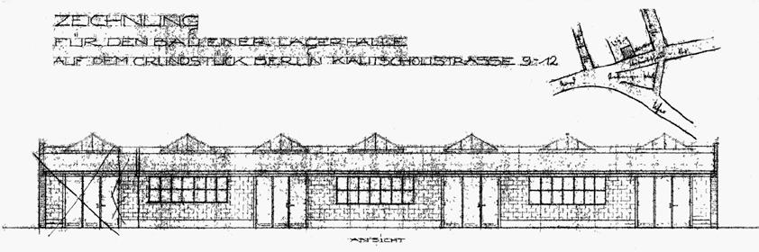 Abb. 17: Ansicht neue Lagerhalle an der Kiautschoustraße, 1939/40. Beschwerde hin, die die Verwalterin des Mietshauses in der Sprengelstraße 27 1937 vorbrachte.