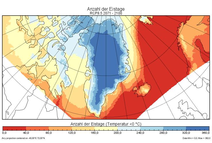 Abbildung 8 Anzahl der Eistage auf Grönland am Ende des 21. Jahrhunderts (Im Mittel über die Jahre 2071 2100) nach dem Szenario RCP 8.5. Gezeigt sind die durchschnittlichen Eistag pro Jahr.