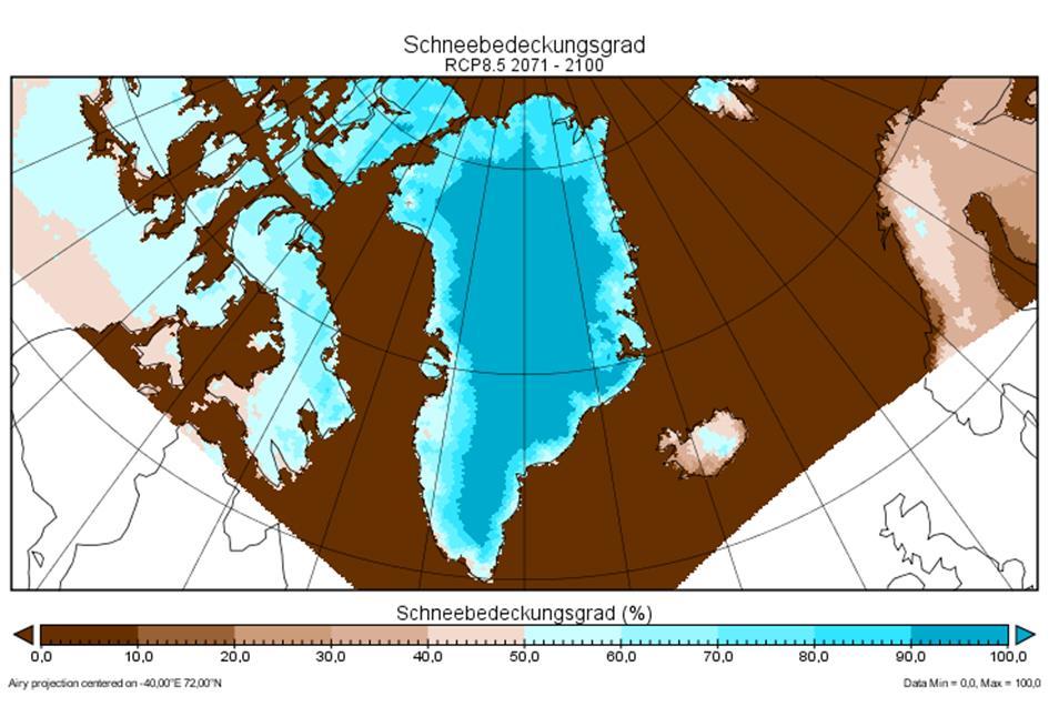 können und es nicht zu einer plötzlichen Süßwasserflut in den Nordatlantik kommen wird. Auch auf der nächsten Klimakarte ist die Schneebedeckung Grönlands zu sehen.