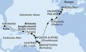 MSC Armonia - 17 Nächte Von Spanien nach Kuba (ab Barcelona/bis Havanna) Barcelona, Valencia, Malaga, Seetag, Funchal, 5 Seetage, Bridgetown, Castries, Pointe-a-Pitre, Road Town, 2 Seetage, 2 Tage