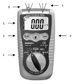 5. Bedienelemente und Anschlussbuchsen 1. LCD Anzeige 2. Funktionstasten 3. Drehschalter 4. Ein /Ausschalter LED Taschenlampe 5. LED Taschenlampe 6.