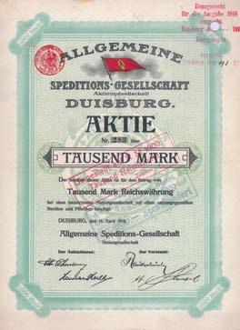 207 Schätzpreis: 175,00 EUR Startpreis: 80,00 EUR Allgemeine Gold- & Silberscheideanstalt Namensaktie 1.000 Mark, Nr. 5664 Pforzheim, 8.1.1924 Auflage 1.600.