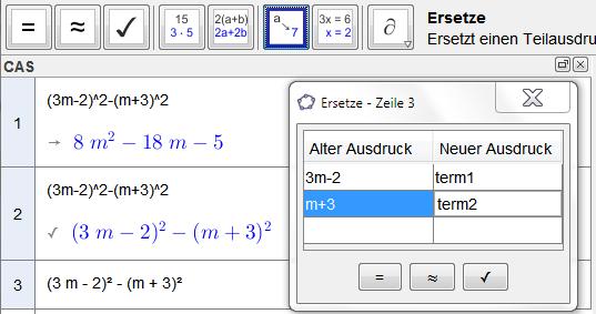 2 2 (3m 2) (m + 3) = Zuerst wird die Grundstruktur des Ausdrucks anschaulich gemacht (für 3m-2 2 2 wird term1 und für m+3 wird term2