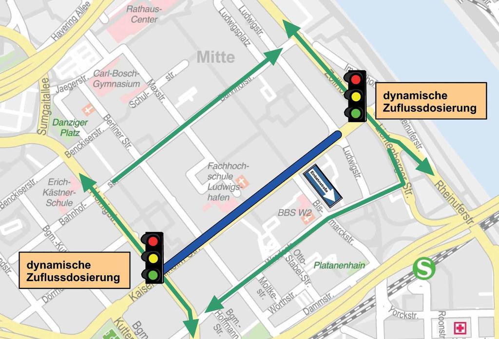 Mobil durch mehr Miteinander Kaiser-Wilhelm-Straße: Besser durch den Berufsverkehr > Busse und Bahnen sollen im Berufsverkehr Vorfahrt in der Kaiser-Wilhelm-Straße erhalten.