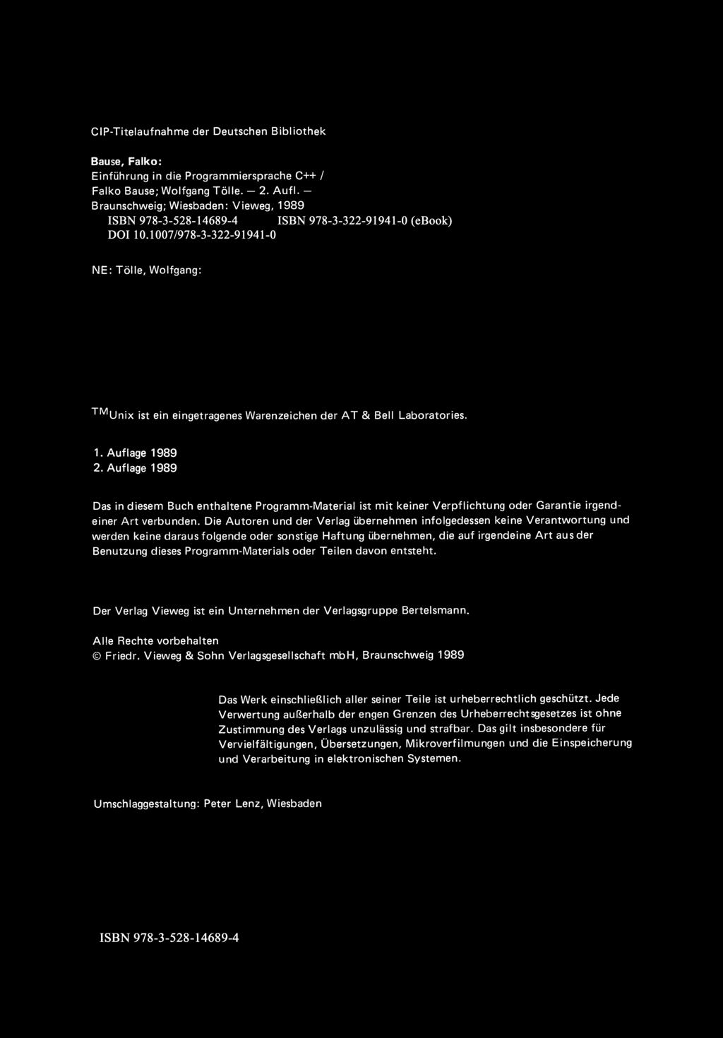CIP-Titelaufnahme der Deutschen Bibliothek Sause, Falko: Einführung in die Programmiersprache C++ / Falko Bause; Wolfgang T ölle. - 2. Auf!