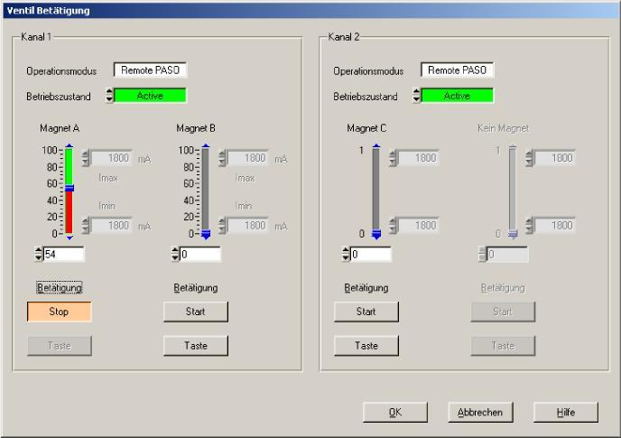 7.11 Befehle-Menu Im Befehle-Menu können direkte Steuerbefehle an die angeschlossene MD2-Elektronik gesendet werden. 7.11.1 Ventil Betätigung Dieser Menupunkt ist nur im "On Line"-Modus aktiv.