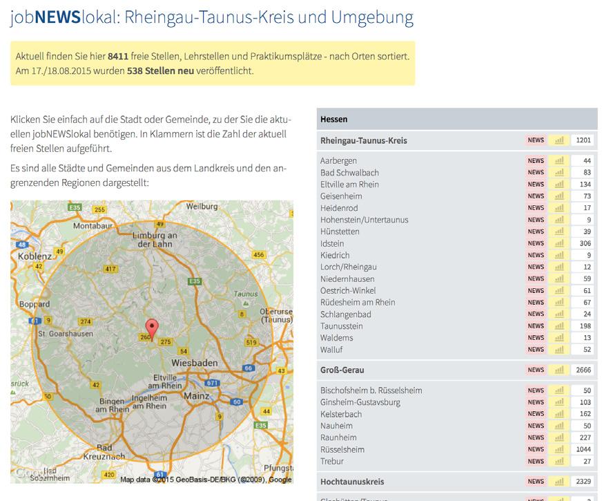 JobZENTRALE für den Rheingau-Taunus-Kreis Sie möchten in einem bestimmten Ort arbeiten? Dann ist die Rubrik jobnewslokal für Sie ideal. Alle Orte des Kreises sind hier aufgelistet.