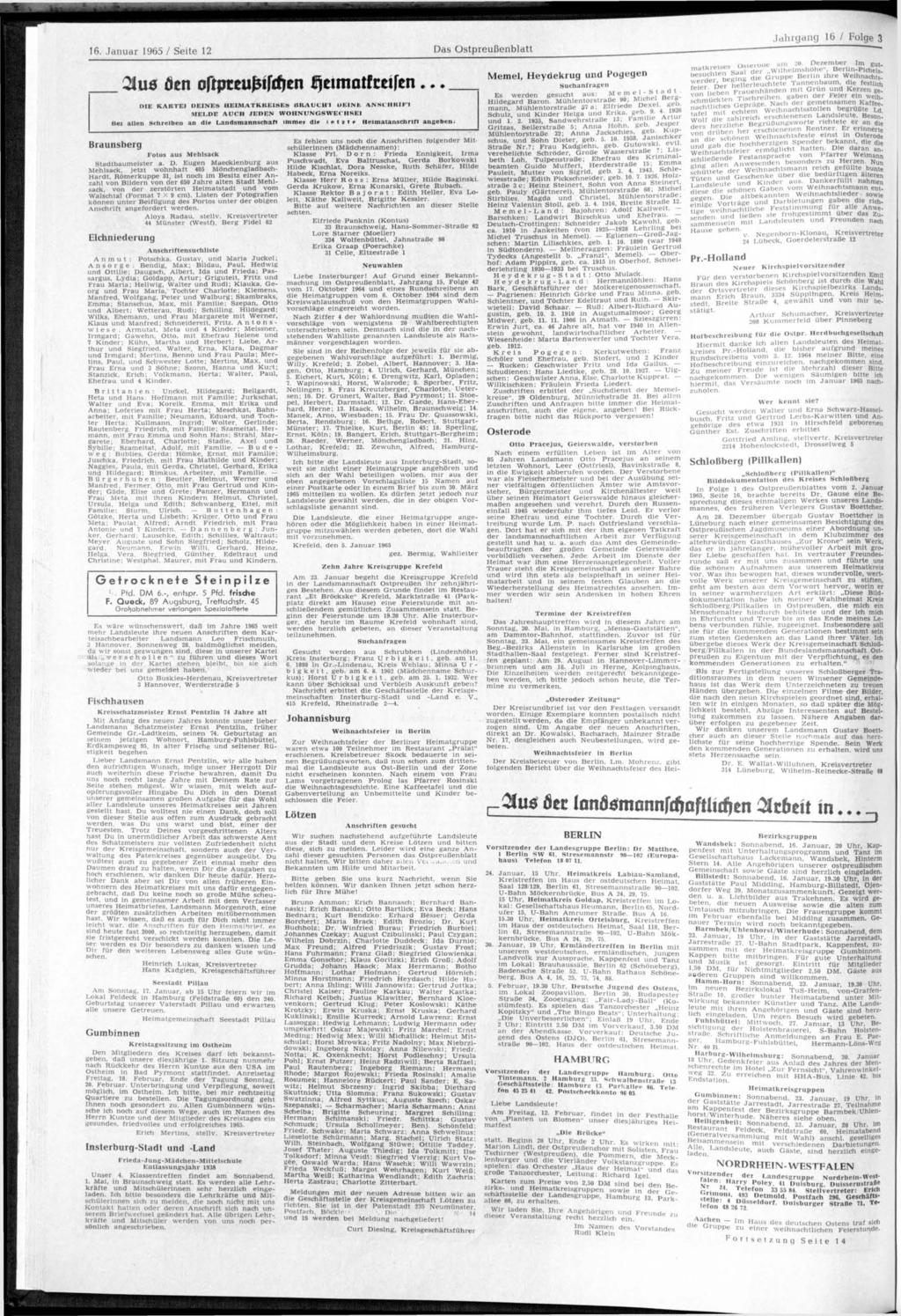 16. Januar 1965 / Seite 12 Das Ostpreußenblatt 2lus Öen ofrpteußifrhen tücimntfccifcn... DIE KARTEI DEINES HEIMATKKEISES BKA!