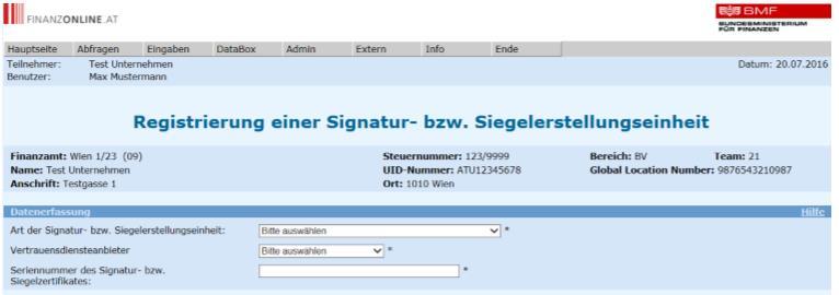 Handbuch Registrierkassen in FinanzOnline: 3.2.1. Registrierung einer Signatur- bzw.