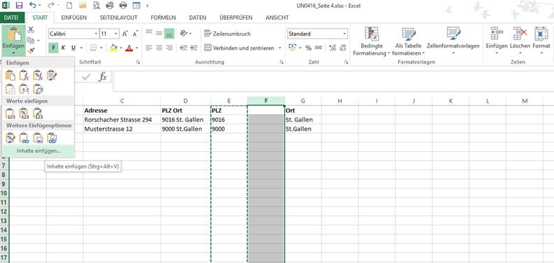 Excel: Inhalt einer Zelle aufteilen Die PLZ-Spalte enthält nun aber noch Formeln statt Werte. Fügen Sie nochmals eine neue Spalte ein. Markieren und kopieren Sie die ganze PLZ-Spalte.