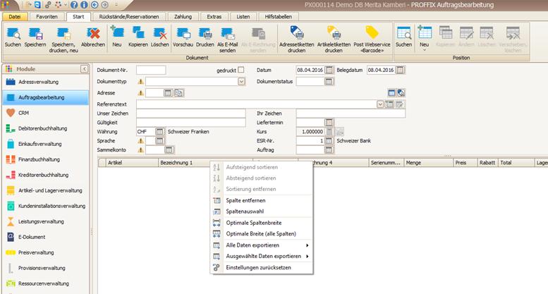 PROFFIX mit neuer Spalte Dokument-Nr. von in der Auftragsbearbeitung Im PROFFIX-Modul Auftragsbearbeitung kann seit der Version 4.0.