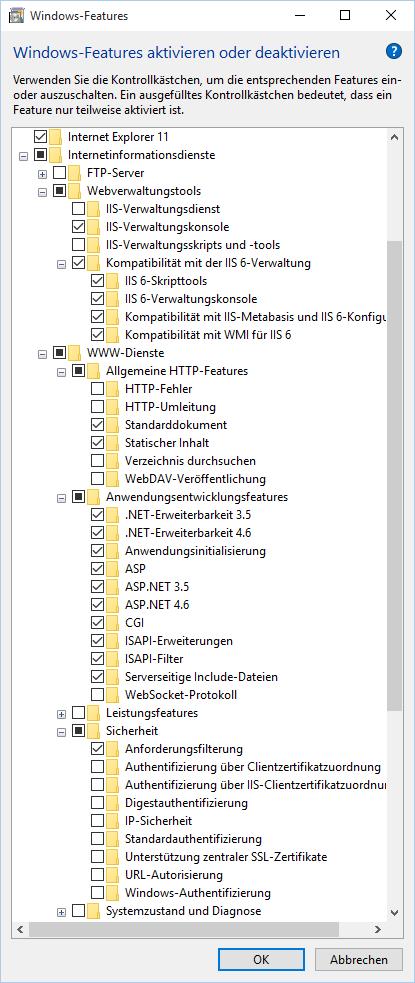 Windows 10 Systemsteuerung > Programme > Programme und Features > Windows Features aktivieren oder deaktivieren Im Verzeichnisbaum folgende Sachen anklicken; Unter