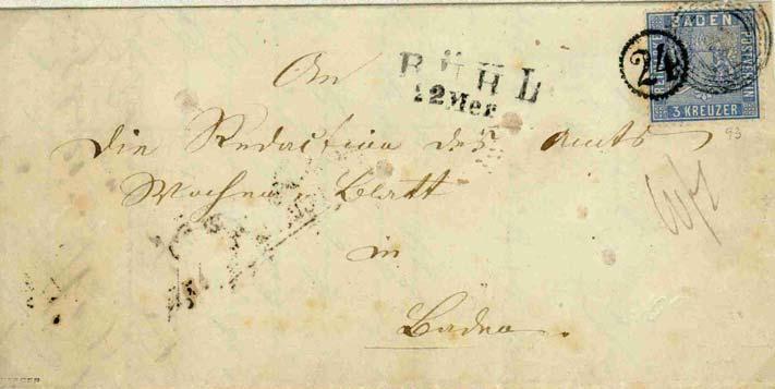 Der Landort Riegel zugehörend zum Amtsbezirk Kappelwindeck, erhielt im Juli 1863 eine Brieflade mit der Nummer 28 (als Uhrradstempel).