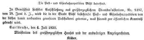(Vobl 20/1850) Zum Post- und Eisenbahnexpeditor wird der Postpraktikant Julius Gaß ernannt. (Vobl 18/1850) RegBl Nr. 33/1850 Vobl Nr. 17/1850 06.