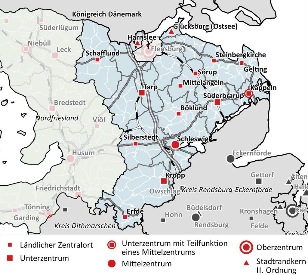 Abbildung 2: Zentrale Orte im Kreis Schleswig-Flensburg Karte: IGES 2016, Kartengrundlage: GeoBasis-DE / BKG 2016. Daten: Verordnung zum Zentralörtlichen System 2009 (zuletzt geändert am 29.08.2014).