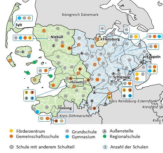Abbildung 5: Schulstandorte in den Kreisen Schleswig-Flensburg und Nordfriesland Karte: IGES 2016, Kartengrundlage: GeoBasis-DE / BKG 2016. Daten: Statistik Nord 2015d.