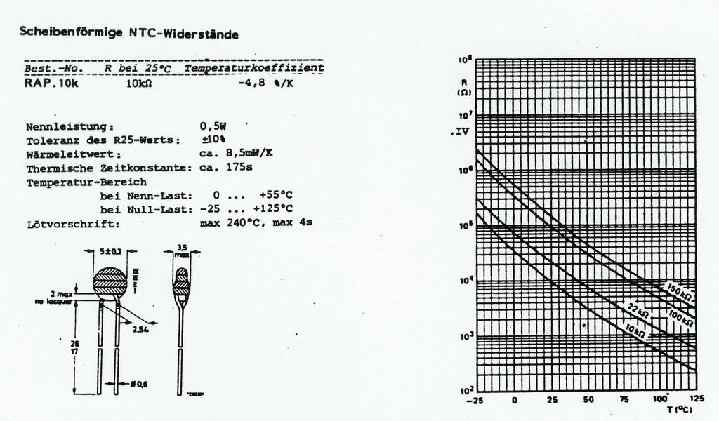 NTC-Widerstand R25=10k 0.25W 5% RAP.