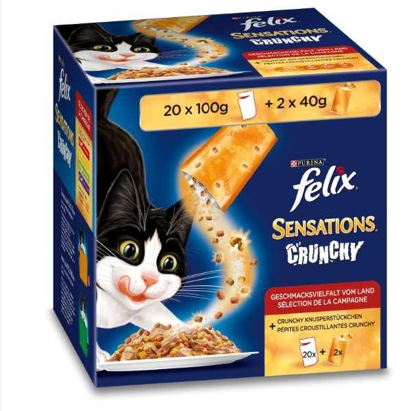 FELIX Sensations Crunchy (Crumbles) ist ab sofort als Kombination aus Nass- und Trockennahrung mit Fleischgeschmack im beliebten Multipack 20x100g und 2x40g erhältlich.