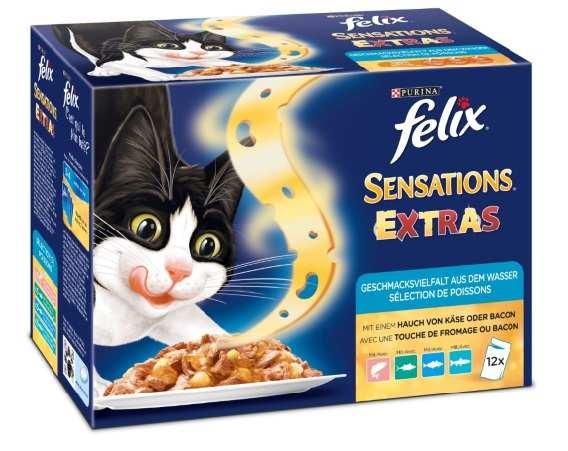 FELIX Sensations EXTRAS ist ab März 2017 in den zwei unterschiedlichen Varietäten Fleisch und Fisch im 12x100g Format erhältlich.