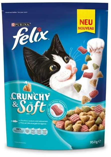 FELIX Crunchy & Soft wird ab Juni 2017 durch die Sorte Lamm, Truthahn, Gemüse und die Sorte Thunfisch, Seelachs, Gemüse erweitert.