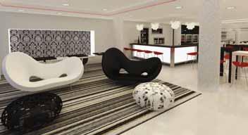 deutsche Hotel der spanischen Kette ein puris tischavantgardistisches Konzept entwickelt, bei dem ein klares Schwarz und Weiß auf eine kräftige Farbe trifft und Raum für wechselnde