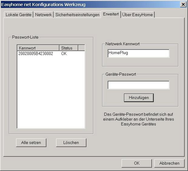 Easyhome Konfigurationssoftware 5 Geben Sie das jeweilige Kennwort in das Feld "Geräte-Passwort" ein und klicken Sie auf HINZUFÜGEN.