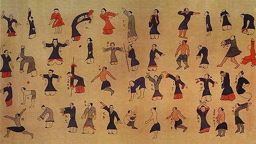 Das in einem Grab aus der Han Zeit in China gefundene und rekonstruierte Seidenbild von 186 vor unserer Zeitrechnung zeigt die Vielfalt und Lebendigkeit verschiedenster Übungen zur Pflege des Lebens